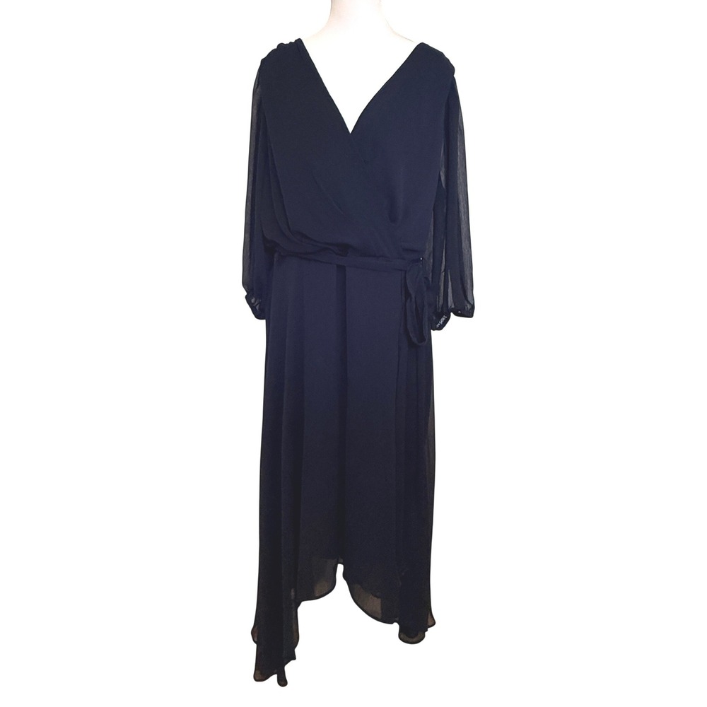 DKNY Wrap High-Low Dress Women 14W Navy Blue Sheer Sleeve V-Neck Chiffon